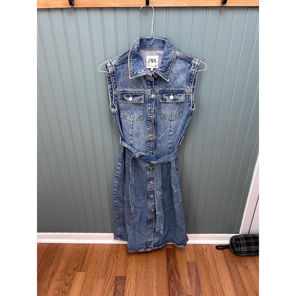 Zara Womens Blue Denim Sleeveless Belted Midi Shirt Dress Medium Wash Size M
